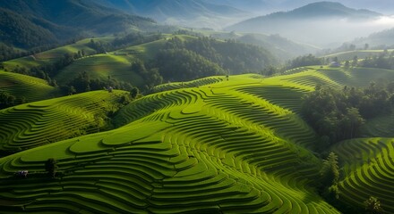 Naklejka premium Aerial shot of terraced rice fields on a hillside, the golden hour light makes the green color even warmer