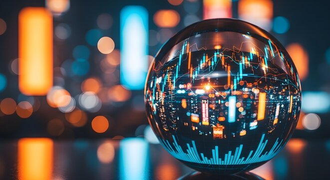 A reflective crystal ball shows stock market charts and graphs, with a blurred cityscape background of orange and blue lights. - Powered by Adobe