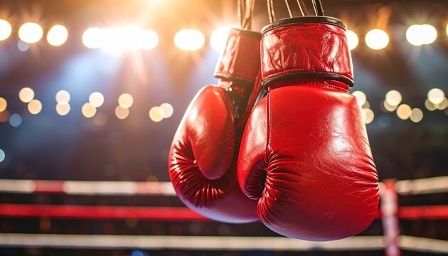 Red boxing gloves hanging in a boxing ring, under the bright lights, ready for action - Powered by Adobe
