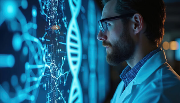 Scientist analyzes glowing blue DNA interface on futuristic screen. AI machine learning expert studies digital data network. Man in lab coat examines genetic information, biotechnology, medical
