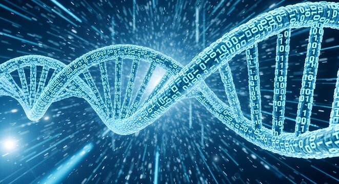 Digital representation of a DNA double helix structure with binary code overlay, set against a background of abstract blue light streaks.