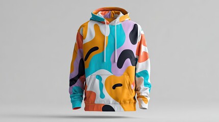 A picture of hoodie with bold print design on a white studio background