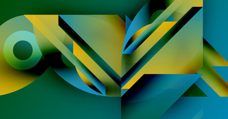 Abstract geometric composition. Bold colors blend, creating dynamic shapes. Modern design evokes energy, depth, visual interest.