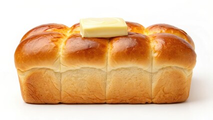 Breakfast Freshly baked bread loaf topped with a pat of butter, showcasing a golden brown crust.