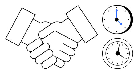 Handshake symbolizing partnership next to two clocks depicting specific times. Ideal for teamwork, collaboration, punctuality, scheduling, time tracking, goal setting, and agreements in a simple flat