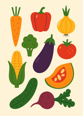 Flat vector set of colorful vegetables. 