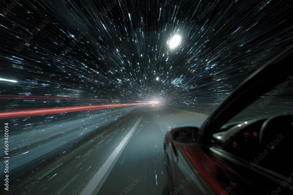 Poster speeding through space with blur and motion, showcasing a cosmic journey along a celestial highway a