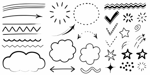 Assortment of Hand Drawn Doodle Graphics Featuring Arrows Stars Clouds and Checkmarks