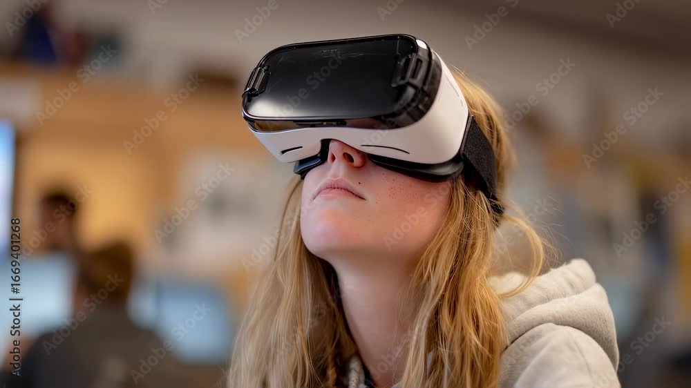 Poster focused medium shot of a learner engaged in a virtual language class via vr headset with the classro