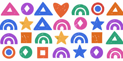 Colorful Hand Drawn Geometric Shapes and Rainbow Arcs Pattern vector illustration