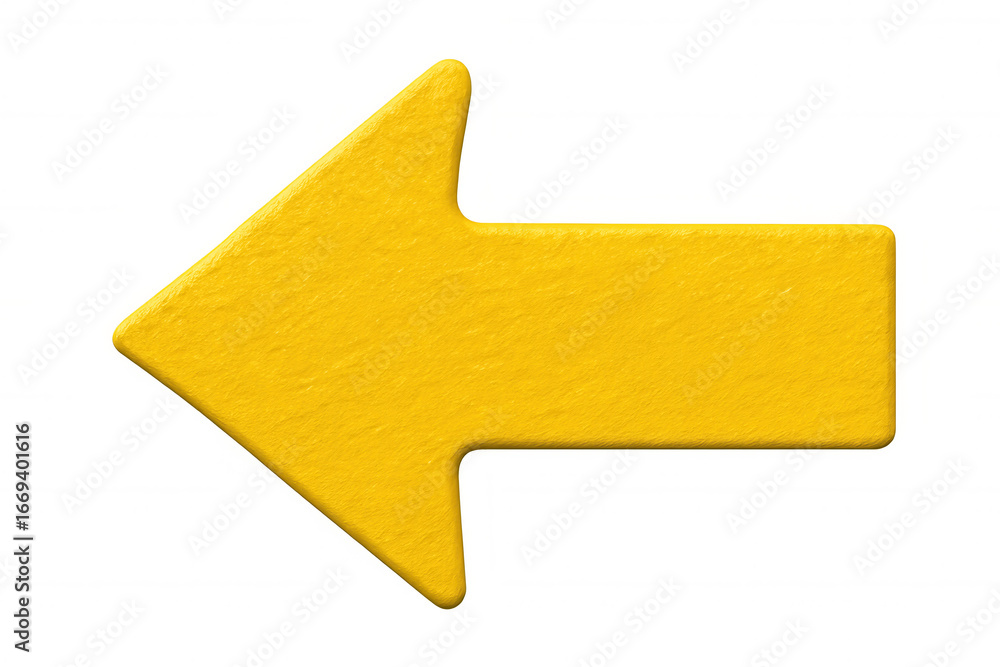 Poster yellow left-pointing arrow with textured design, transparent backdrop, representing directional navi