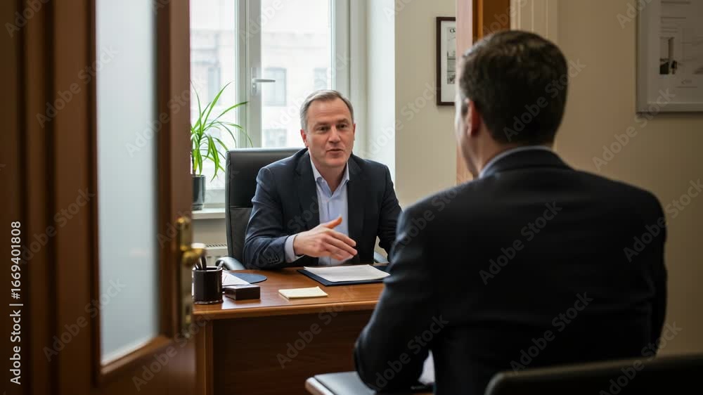 Poster two businessmen in a formal meeting discussing work in a modern office setting with one man gesturin