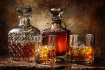 Realistic display of strong spirits and hard alcoholic drinks in elegant glassware, showcasing rich hues and textures