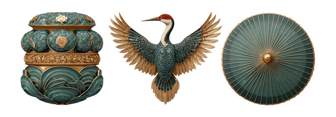 Ornate Decorative Elements with Elegant Crane on Transparent Background