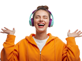 Blissful woman with headphones radiating pure joy against isolated transparent backdrop
