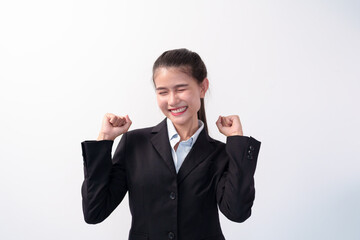 Happy Beautiful asian young Business woman on a white background. Asian female company worker celebrating victory cheerful