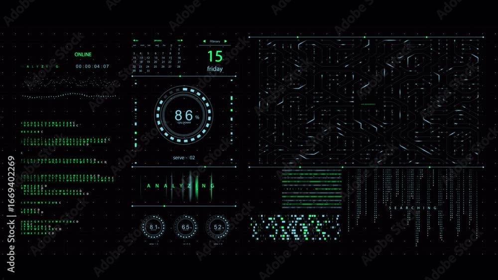 Poster futuristic data analysis interface: analyzing, searching, processing.