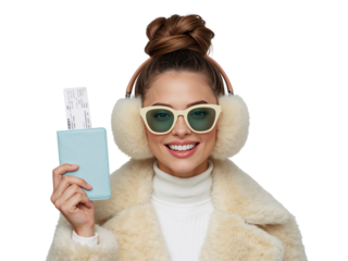 Stylish woman with earmuffs, sunglasses and passport ready for her next adventure
