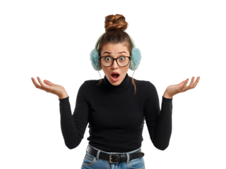 Expressive young woman with open mouth and spread hand gesturing surprise on isolated screen