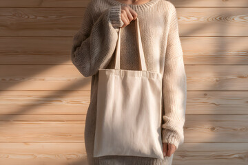 Woman holding an eco bag. Sustainable recycling bag image inspired by SDGs