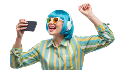 Enthusiastic woman with blue wig, heart-shaped sunglasses, and headphones enjoying media on a
