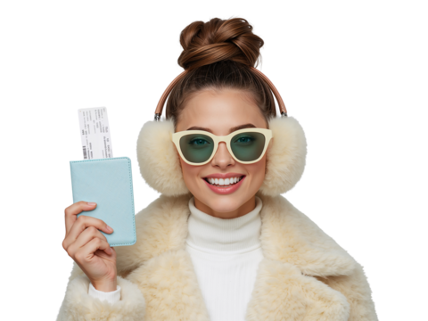Stylish woman with earmuffs, sunglasses and passport ready for her next adventure