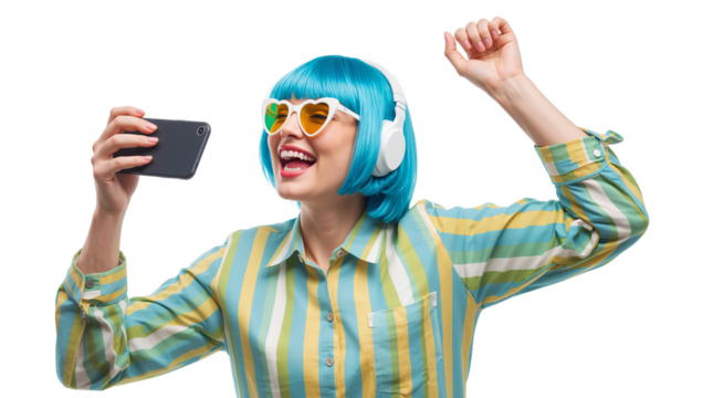 Enthusiastic woman with blue wig, heart-shaped sunglasses, and headphones enjoying media on a