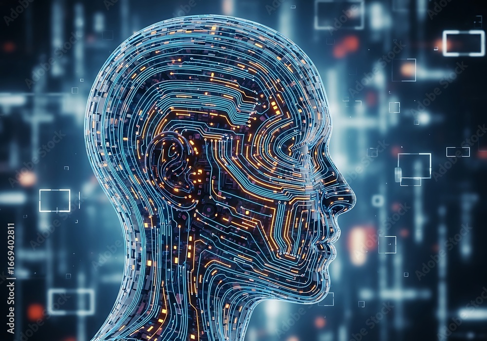 Aufkleber artificial intelligence head with circuits and data streams