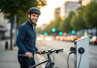 Happy Man Charging Electric Bike in Urban City