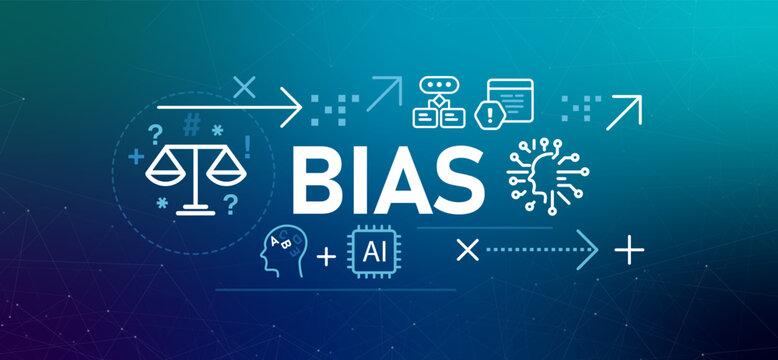 Bias in artificial intelligence conceptual banner illustration the problem of unintended prejudice or unfairness in AI systems caused by flawed incomplete training data