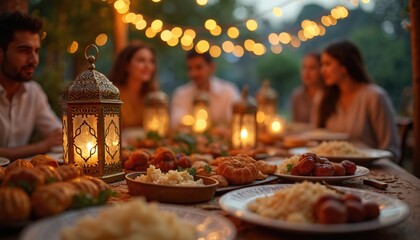 Family gathers for Islamic holiday dinner featuring traditional Arab dishes. Date palms, festive Ramadan decorations create warm ambiance with glowing lanterns, string lights. Middle Eastern cuisine