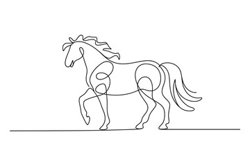 Elegant continuous line drawing of a majestic horse in profile with flowing mane and tail on a white background