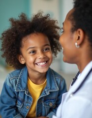Obraz premium Doctor warmly interacts with smiling young child patient in caring healthcare environment. Focus on trust, kindness, positive patient engagement during medical consultation. Assures safety, support