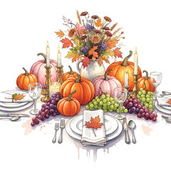 Festive Thanksgiving Table Setting with Pumpkins, Grapes, and Autumn Floral Arrangement