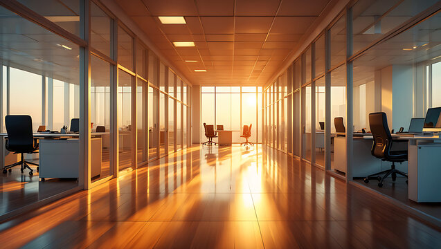 modern, sun-drenched office hallway with glass walls and private offices, featuring desks and chairs, illuminated by the warm, golden light of sunset - Powered by Adobe