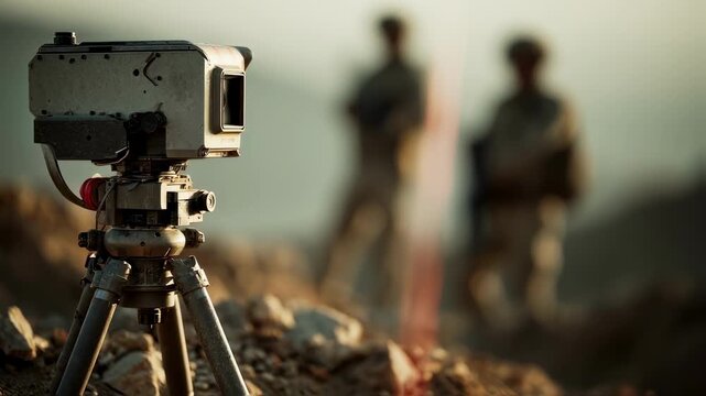 Close medium shot focusing on a sapper drones highresolution lidar sensor scanning rugged terrain with the minefield background softly blurred to emphasize advanced surveying