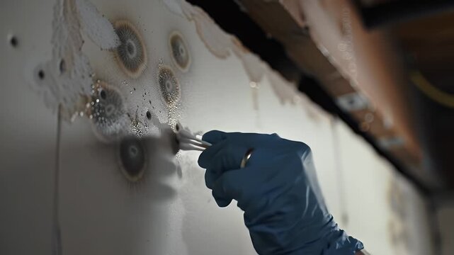 Gloved Hand Inspecting Toxic Mold Growth on Wall Surface with Close Up Details Showcasing Deterioration and Health Hazard Illustrating Urgent Need for Mold Remediation Property Maintenance