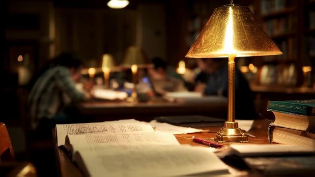 Focused medium shot of a library table lamp illuminating open reference books with blurred students in the background emphasizing dedicated nighttime study areas.