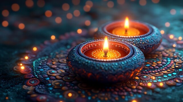 Two lit ornate diyas on a colorful mandala pattern with bokeh lights oil lamp candle