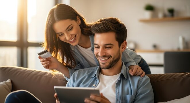 Joyful young couple happily engages in online shopping from their cozy home, utilizing a tablet and credit card for seamless transactions