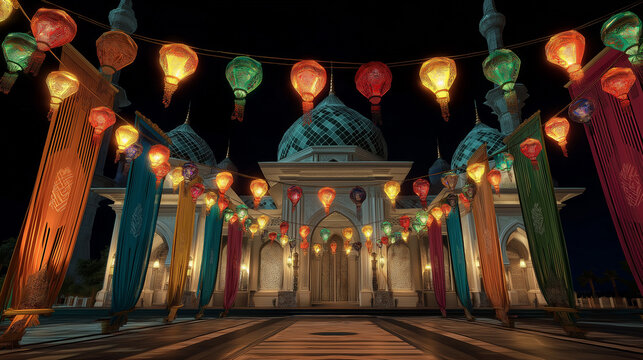 Indonesian Mosques with Colorful Lanterns for Nighttime Islamic Holiday Celebrations