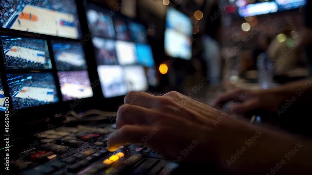 Poster focused medium shot capturing a vr sports directors hands adjusting feed controls while the surround
