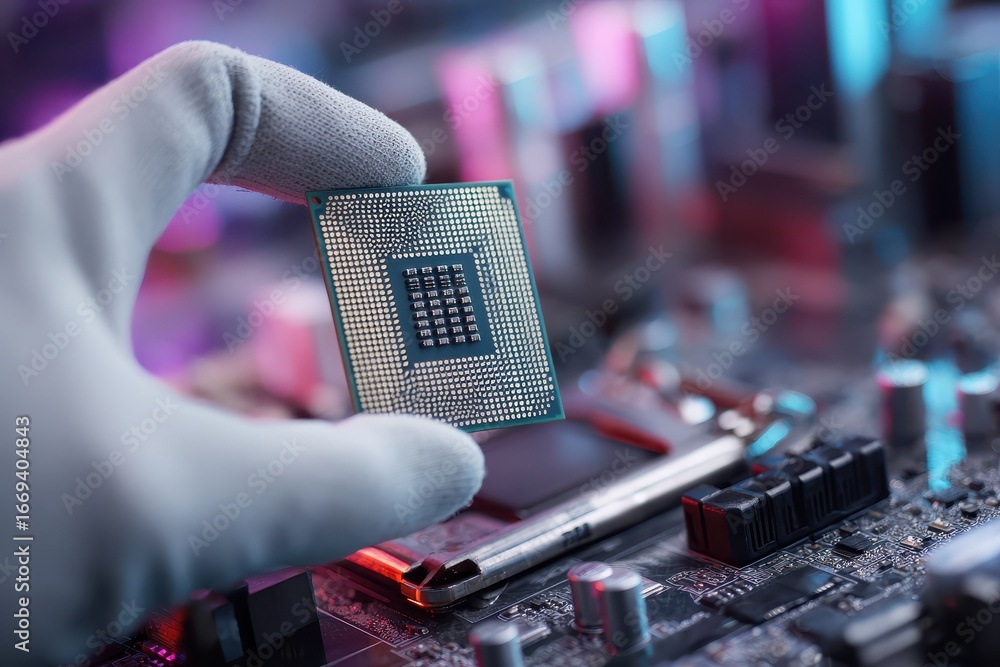 Aufkleber engineer holds cpu chip over a circuit board in a high-tech workspace, showcasing precision and expe