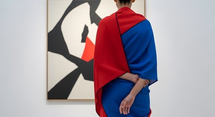 Saree indian Stylish person viewing modern abstract painting in gallery vibrant red blue contemporary art museum modern