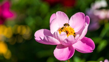 A pink peony blossom in sunlight, with two honeybees collecting pollen
