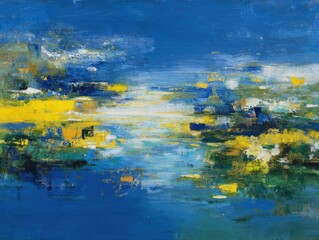 Abstract Horizontal Painting with Vibrant Yellow and Blue Brushstrokes