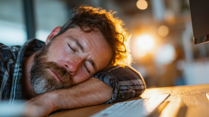 Obraz premium Lack of sleep impact, Man resting his head on his forearm at desk, appearing tired and experiencing microsleep near keyboard in bright office environment