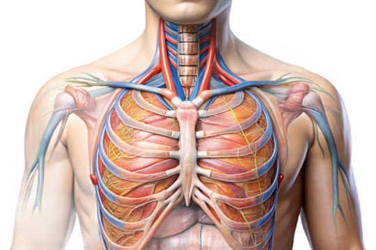 Detailed anatomical visualization of the human thorax and upper chest structures transparent background