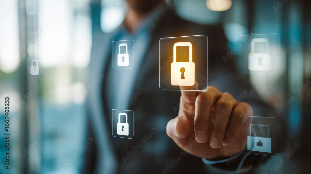 Poster business professional interacting with digital security icons, emphasizing cybersecurity and data pr