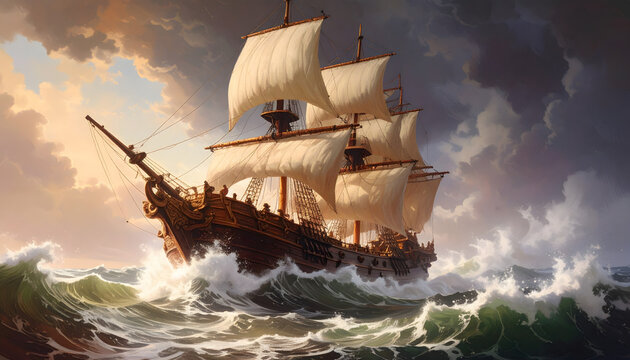A large sailing ship braves a stormy sea with white sails billowing against a dramatic sky filled with dark clouds.